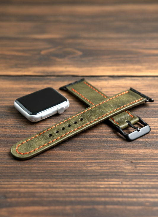 Leather Apple Watch Band - Hand-Stitched-Olive Green Full Grain Vegtan Strap