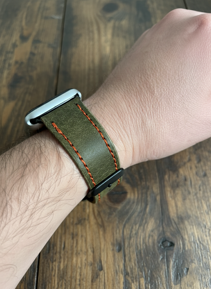 Leather Apple Watch Band - Hand-Stitched-Olive Green Full Grain Vegtan Strap