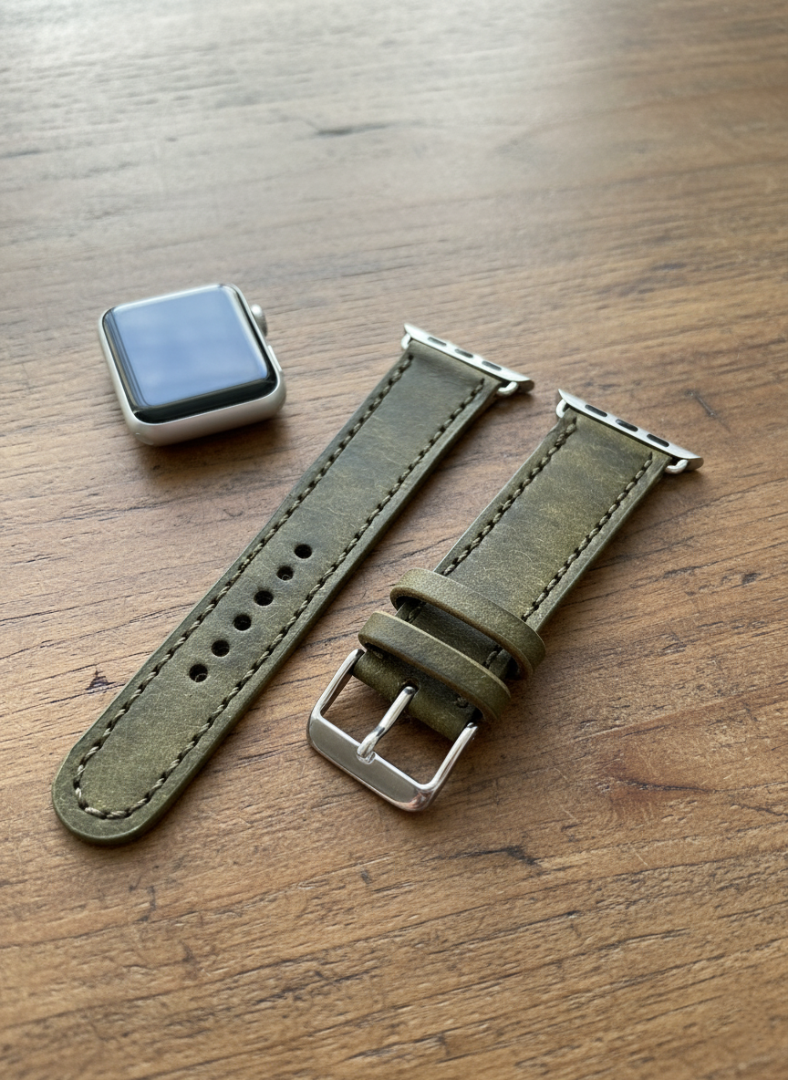Leather Apple Watch Band - Hand-Stitched-Olive Green Full Grain Vegtan Strap