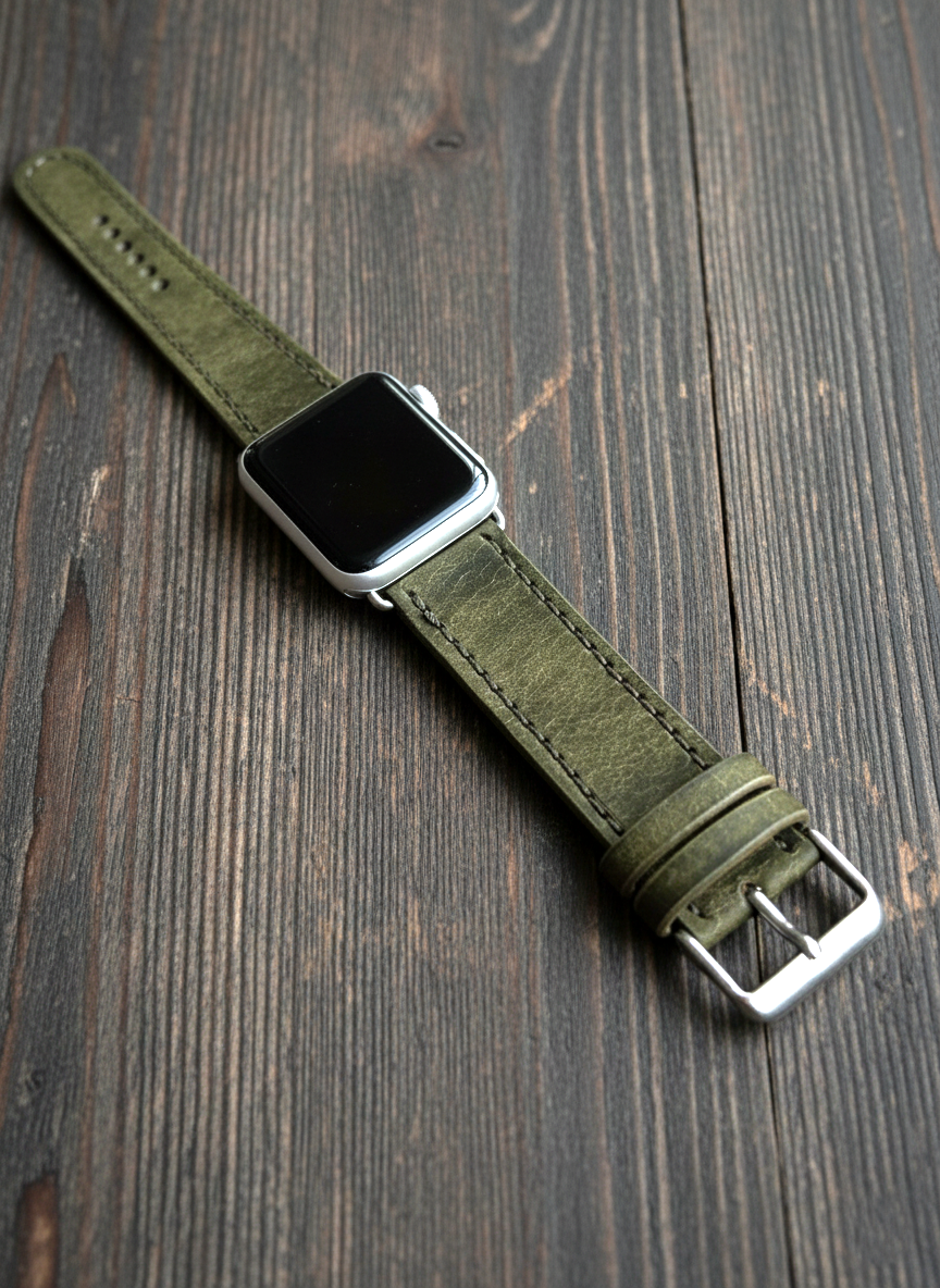 Leather Apple Watch Band - Hand-Stitched-Olive Green Full Grain Vegtan Strap