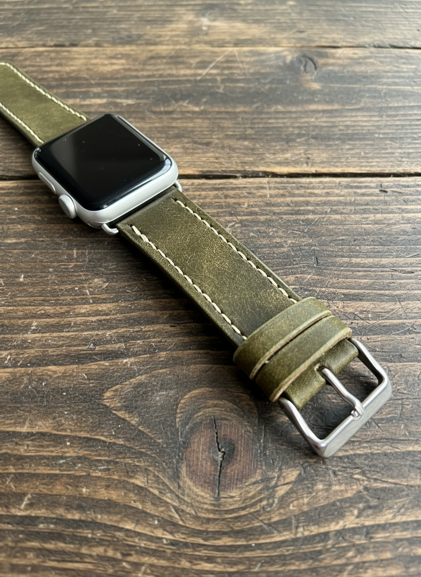 Leather Apple Watch Band - Hand-Stitched-Olive Green Full Grain Vegtan Strap