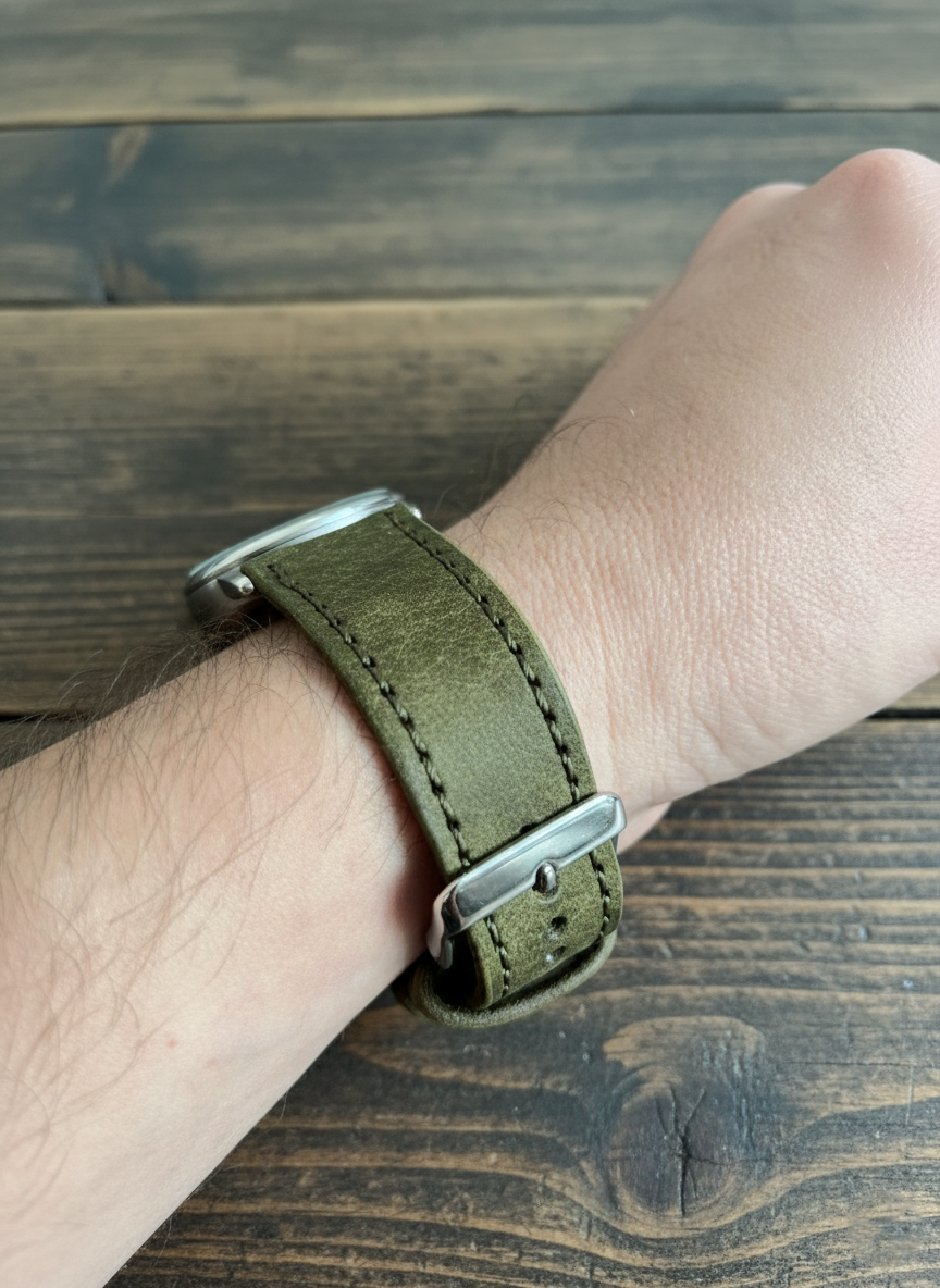 Leather Apple Watch Band - Hand-Stitched-Olive Green Full Grain Vegtan Strap