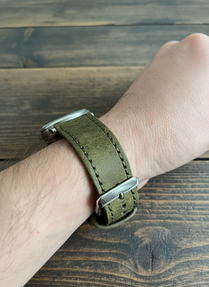 Leather Apple Watch Band - Hand-Stitched-Olive Green Full Grain Vegtan Strap